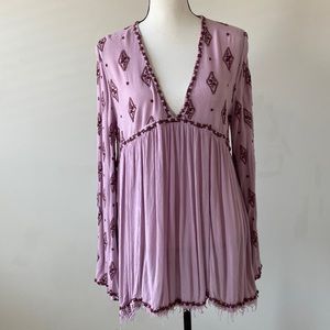 Free People Size M Antique Rose Embroidered Long Sleeve Rayon/Viscose Tunic Top